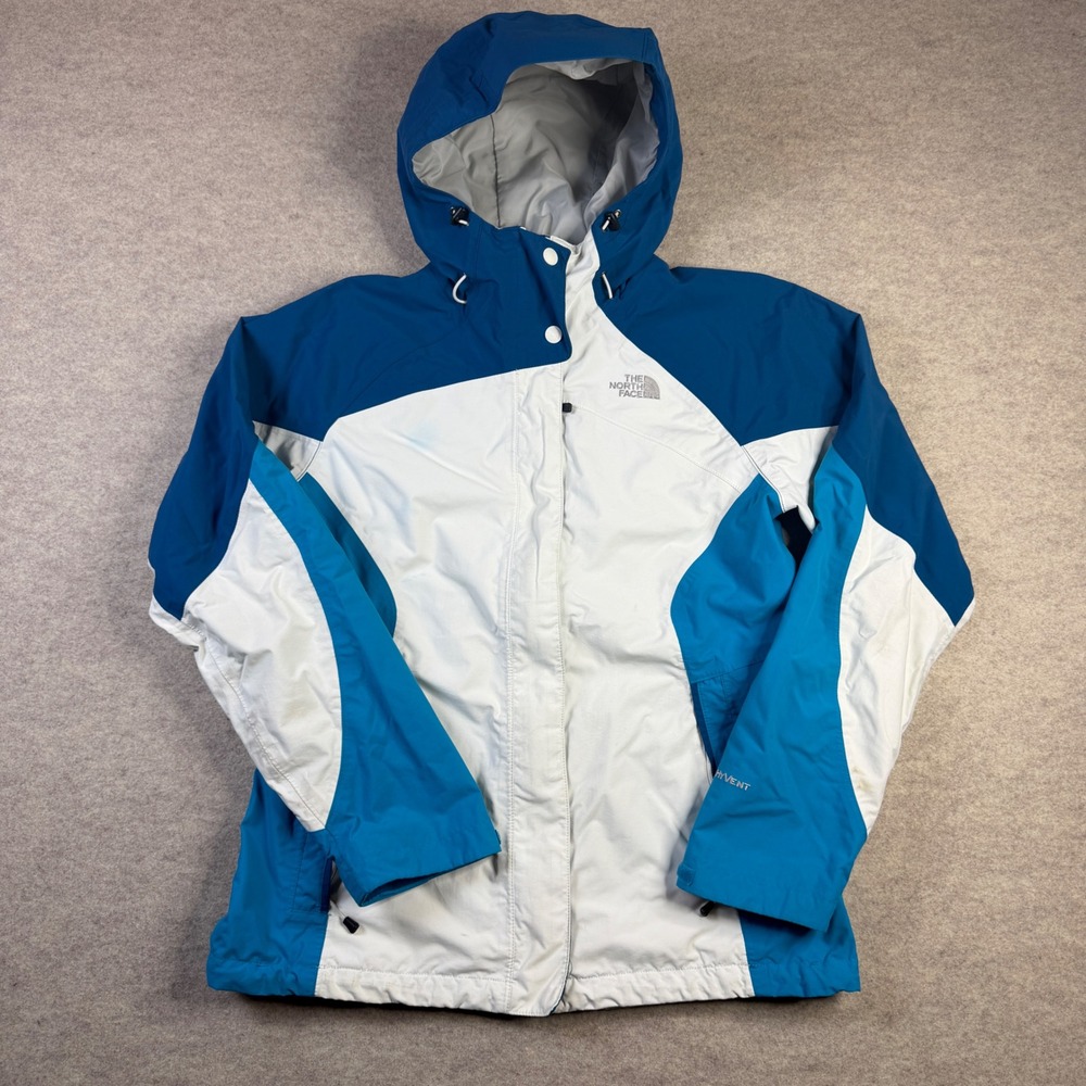 The North Face HyVent Rain Jacket Womens Medium Blue White Colorblock Shell